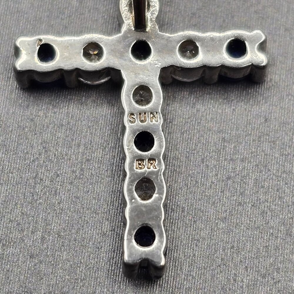 Sterling Silver Blue Crystal Cross Pendant Religious Signed Sun BR - Picture 4 of 12